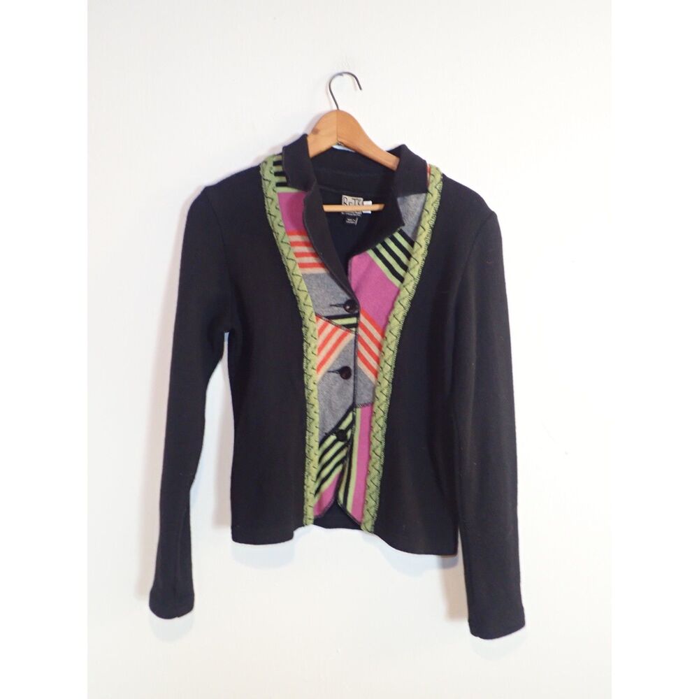 Bets by Canvasback XS Button Front Cardigan Sweater Black Green Ornate Art Wool